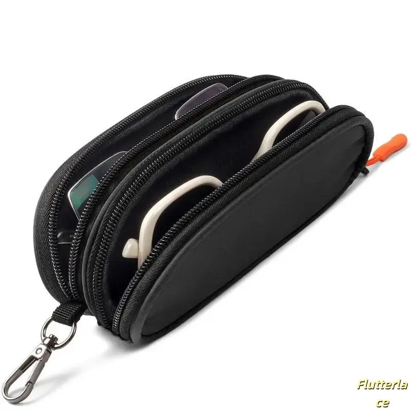 Double Soft Zipper Eyeglasses Case with Clip-On Pouch & Keychain Hook, Lightweight Protective Material, Double-Layer Storage, Organizes Backpack or Purse, Keeps Eyewear Safe for Travel Daily Carry (Sports & Outdoor Accessory)
