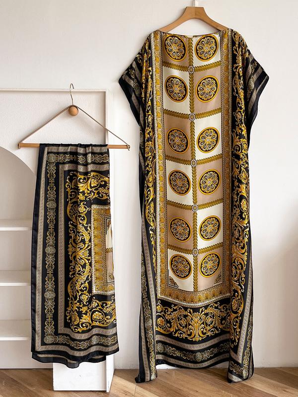 Elegant Geometric Print Satin Muumuu Dress and Shawl Set, Women's Long Beach Cover-Up with Scarf for All Seasons