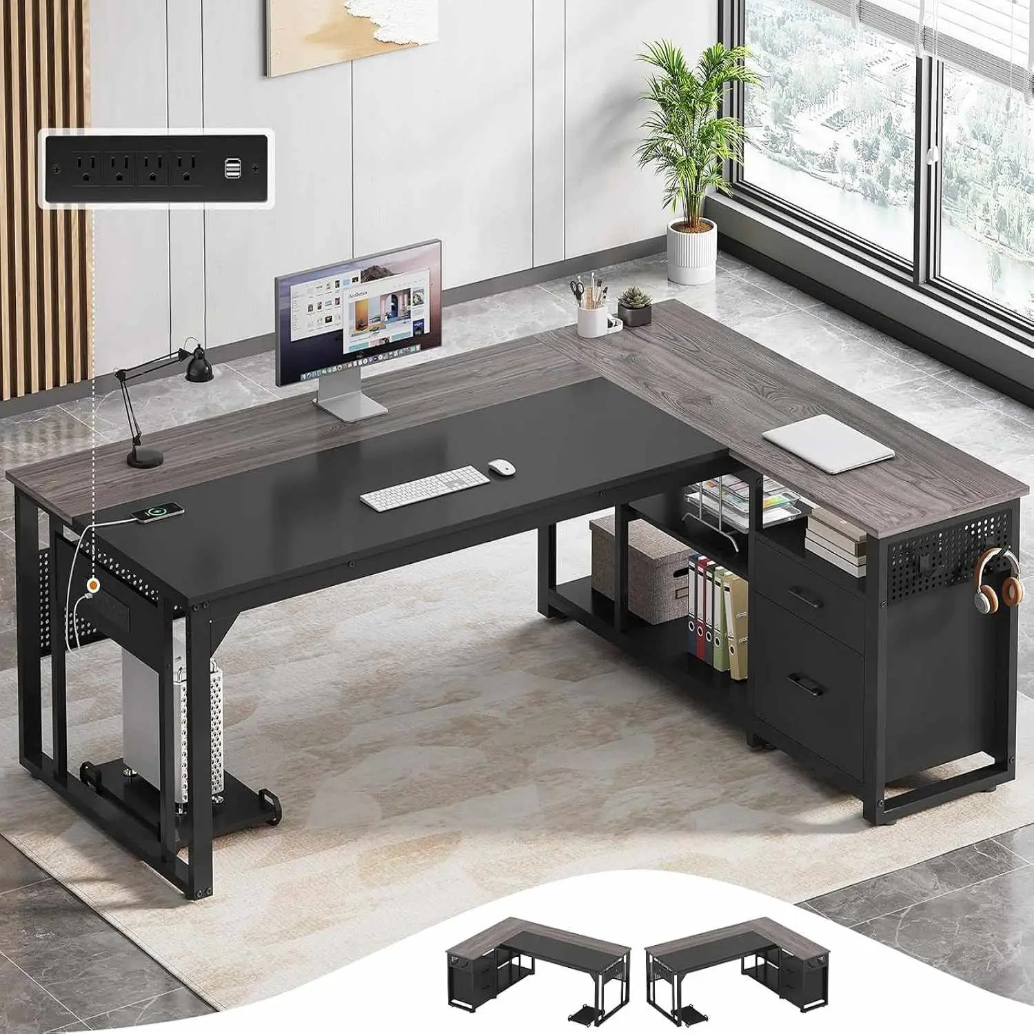 Sikaic 71-Inch Reversible L-Shaped Executive Corner Desk with File Drawers, Power Outlets, Pegboard, CPU Stand, Grey – Ideal for Dual Monitor, WFH, Streamer, Studio Setups, Dual Monitor Setup, Wfh Setup
