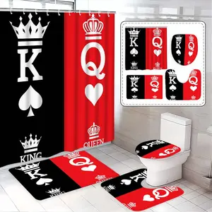 1pc/4pcs Poker King K Queen Color Block Shower Curtain, Valentine's Gift, Home Bathroom, 12 Hooks, Non-Slip Bath Mat, U-Type Toilet Seat Cover