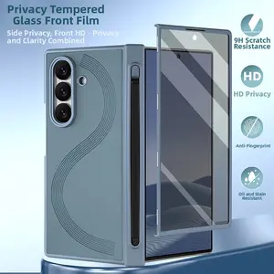 Foldable phone case with front screen privacy protector film, compatible with Samsung Galaxy Z Fold 7 and Z Fold 6. Integrated case and film design, comes with a stylus pen, shockproof protective cover