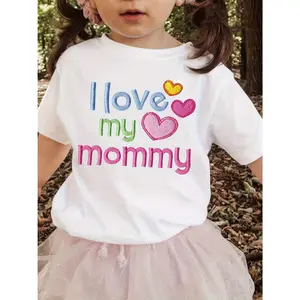 1pc Kids' Heart& Letter Print White TShirt, Crew Neck, Casual Cotton Tee, Medium Stretch Knit Fabric, Regular Fit for Boys& Girls Children, Alphabet Pattern, for Spring/Summer/Fall Mother' S Day Mother' S Day/Valentine' S Day/Family Day(3Y-13Y)