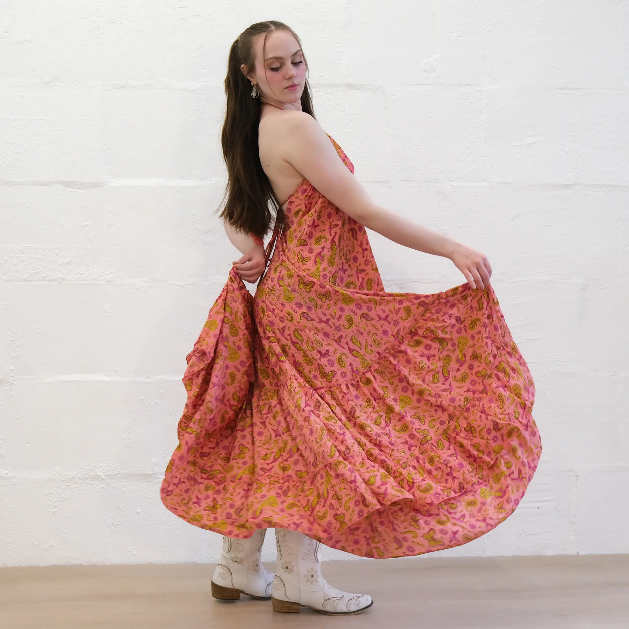 Boho Goddess Backless Maxi Dress , Flowy Celestial Paisley Peacock Print Summer Maxi Dress, Whimsical Bohemian Halter Dress