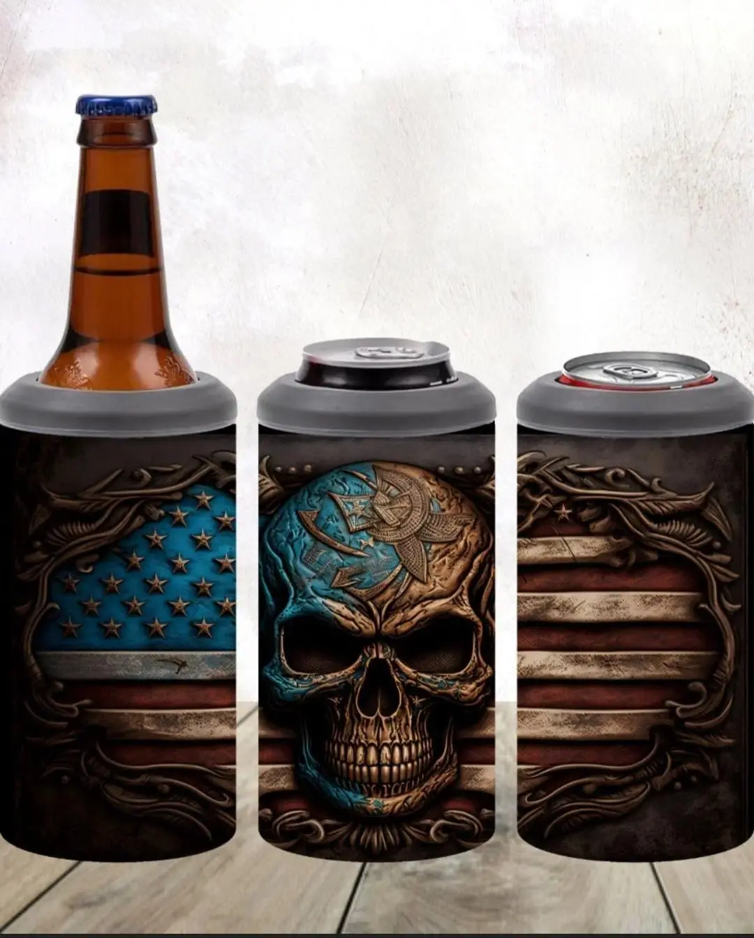 Vintage American Flag Skull Pattern 4 In 1 Can Cooler Tumbler 16oz Stainless Insulated Cup Gothic Beer Gift For Men