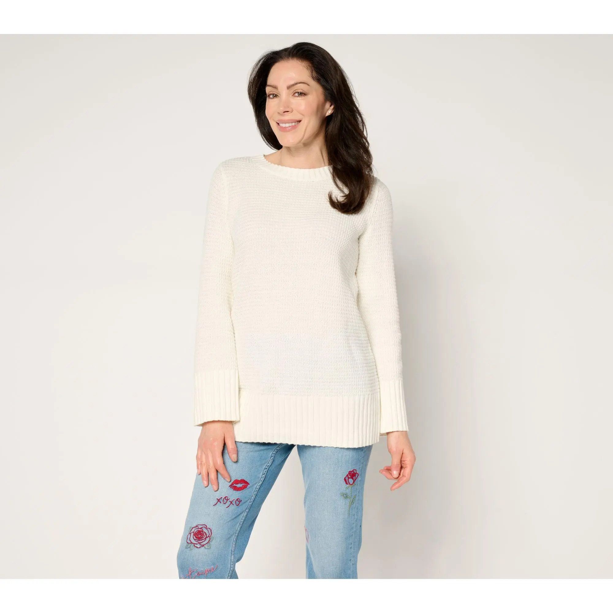 Denim & Co. Regular Stitch Detail Crew Neck Tunic Sweater