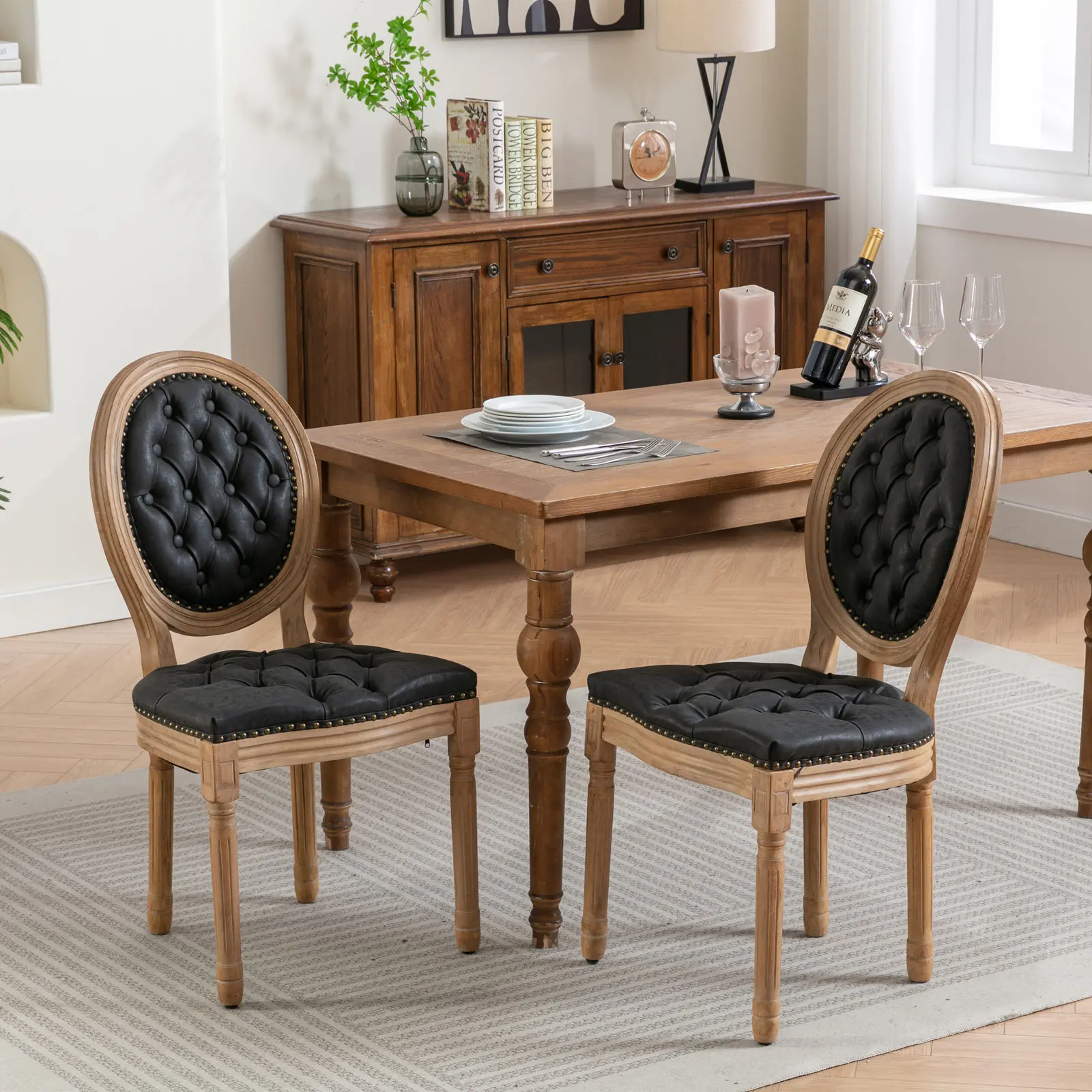 Set of 2 French Style Solid Wood Frame Dining Chairs with Antique Painting, Hand-pulled Buckle, PU Artificial Leather, Nailhead Trim, Wood Legs - Elegant Design, Ergonomic Support, Living Room Furniture