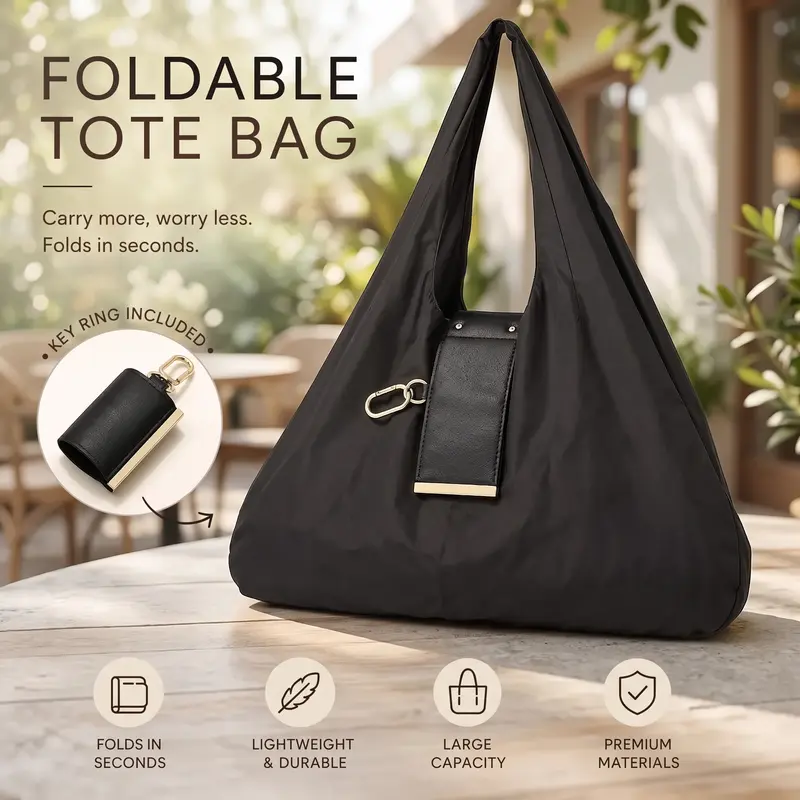 Foldable Striped PU Leather Keychain Grocery Bag - Collapsible, Expandable, Multi-Function Home Organizer Storage Bag with Snap Hook, Key Ring, Pouch, Adjustable, Durable, Compact and Convenient for Daily Use