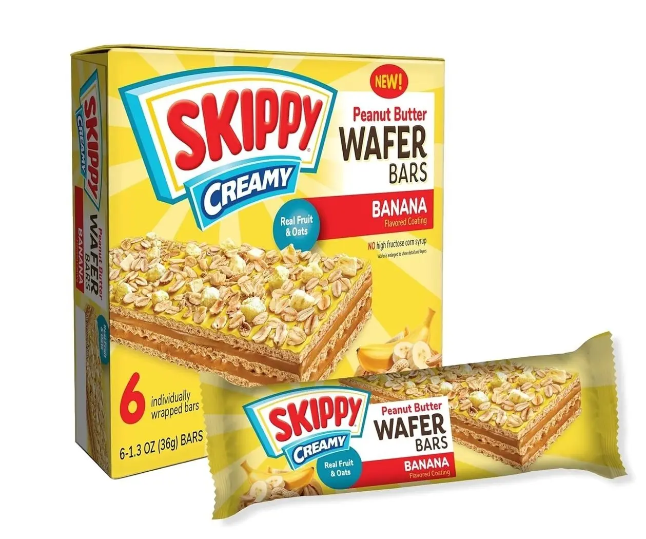 SKIPPY Creamy Peanut Butter Wafer Bars, Banana Flavor with Real Fruit & Oats, 6 Individually Wrapped Bars (7.8 oz Box)