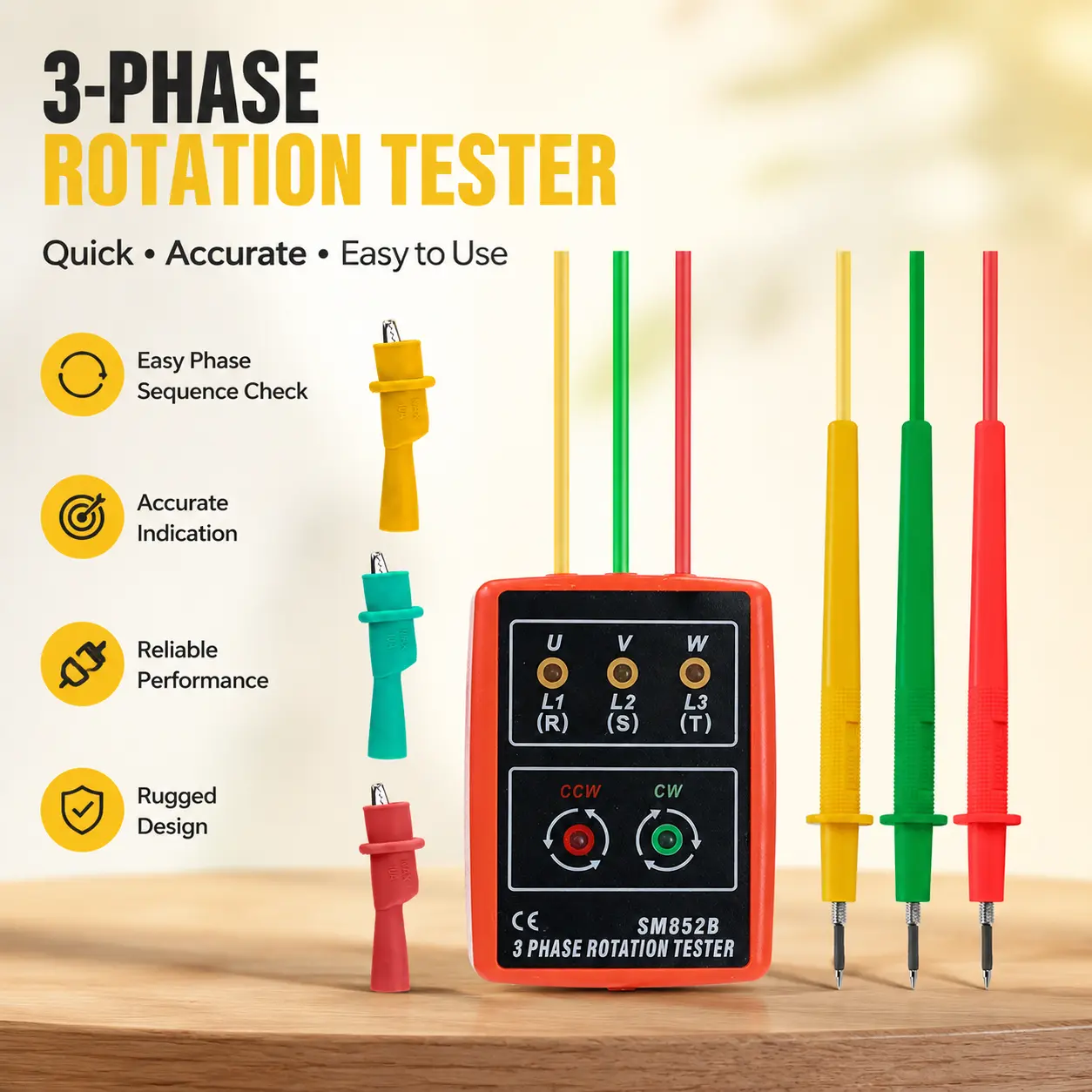 Portable 3-Phase Sequencer - AC 60V-600V Phase Failure Detector with LED & Buzzer for Electrical Equipment Maintenance (Solar & Wind Power, Charge Controllers Accessory)