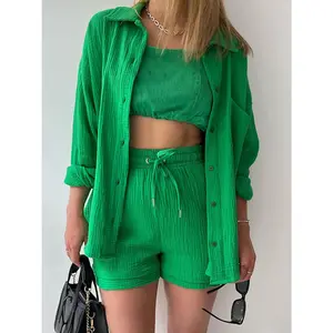 Texture Button Up Shirt and Drawstring Shorts Set