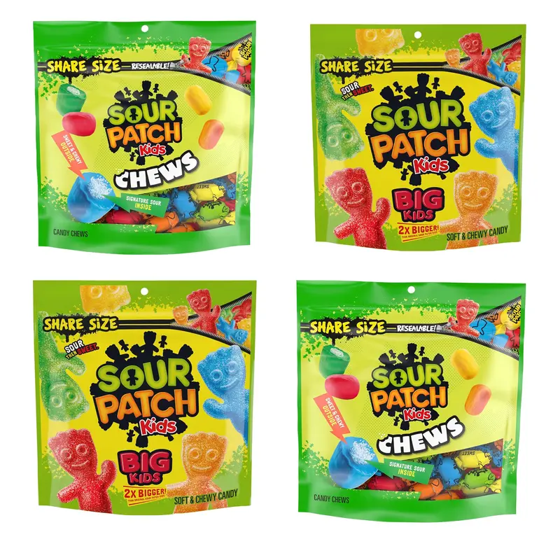 HOT!!! SOUR PATCH KIDS ,2 packs of mixed fruit flavor and 2 packs of sour flavor for older children, large size (48 oz)s