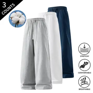 Summer Vibes 3-Pack Men’s Drawstring Elastic Waist Pants for Summer, Stretchable Breathable Wide-Leg Pants