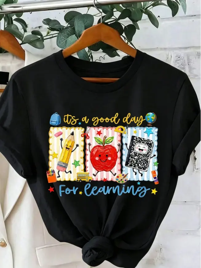 Women's Soft Cotton Casual Round Neck Short-Sleeve T-Shirt - Comfortable Unisex Back To School Classroom Teaching Outfit with "It’s A Good Day For Learning" Graphic, Simple Summer Top