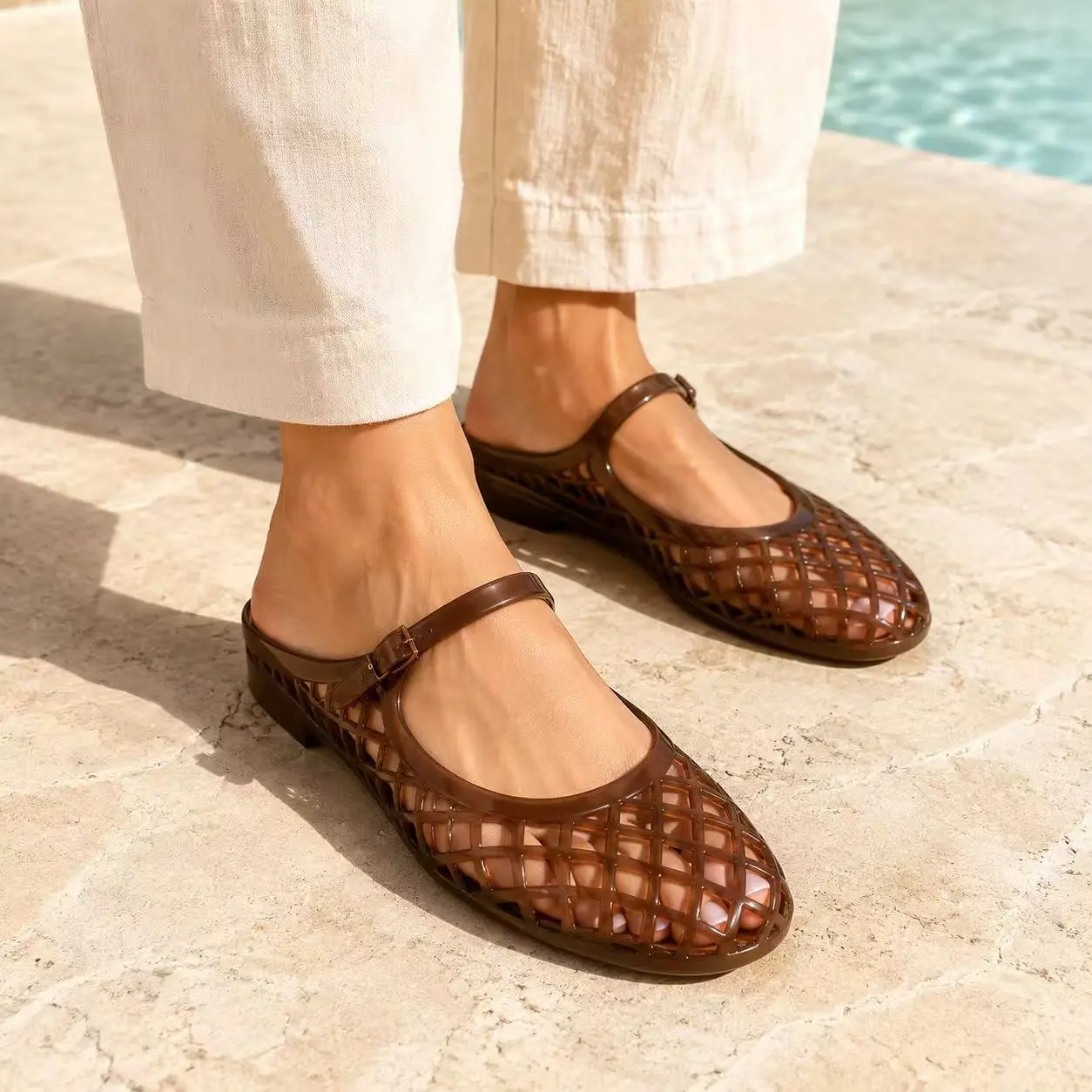 [B]MUSSHOE Women’s Square Toe Mary Jane Jelly Flats - Breathable Ankle Footwear with Woven Cutouts, Water-Friendly, Lightweight, Easy-Clean for Beach Vacations | Women's Shoes