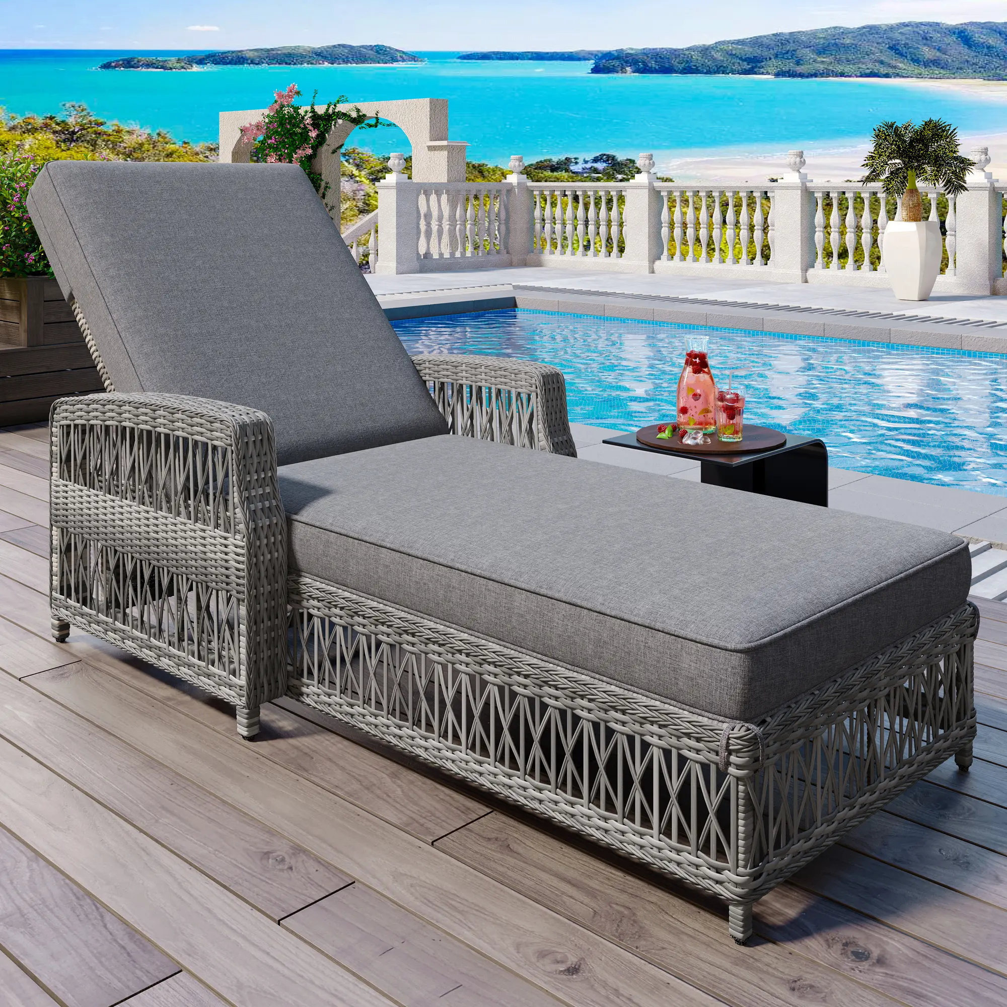 Wicker Patio Chaise Lounge with 4-Position Adjustable Backrest, Soft Removable Cushion, Armrests, All-Weather Rattan Recliner for Poolside, Garden, Deck, Balcony, Grey