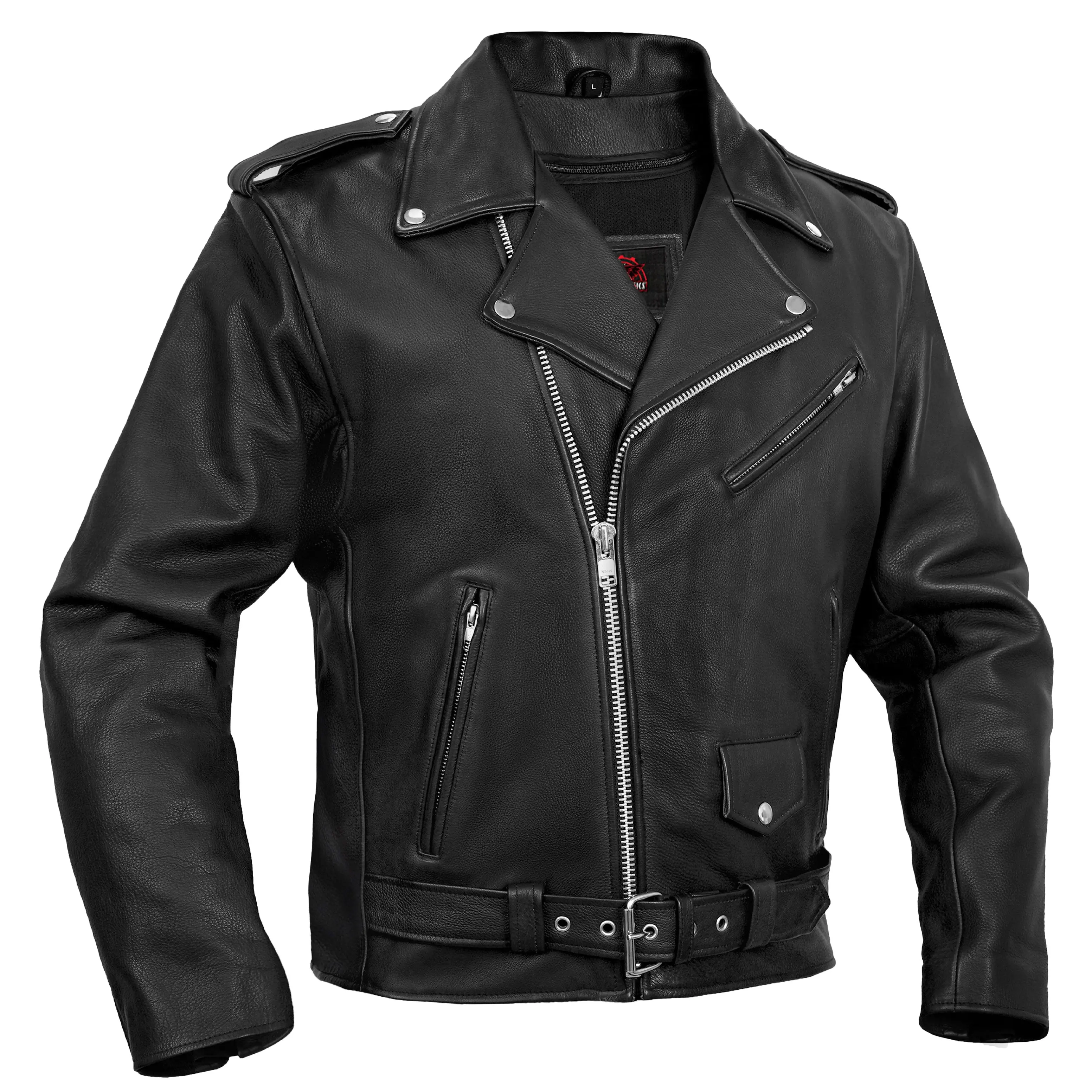 RENEGADE CLASSICS Menswear Men's 1.2 - 1.3 Mm Milled Cowhide Leather Motorcycle Coat, Classic Biker Style, Soft Stretch Action Back, Concealed Pocket, Zip-Out Liner, Plain Long Sleeve, Belt, Coats
