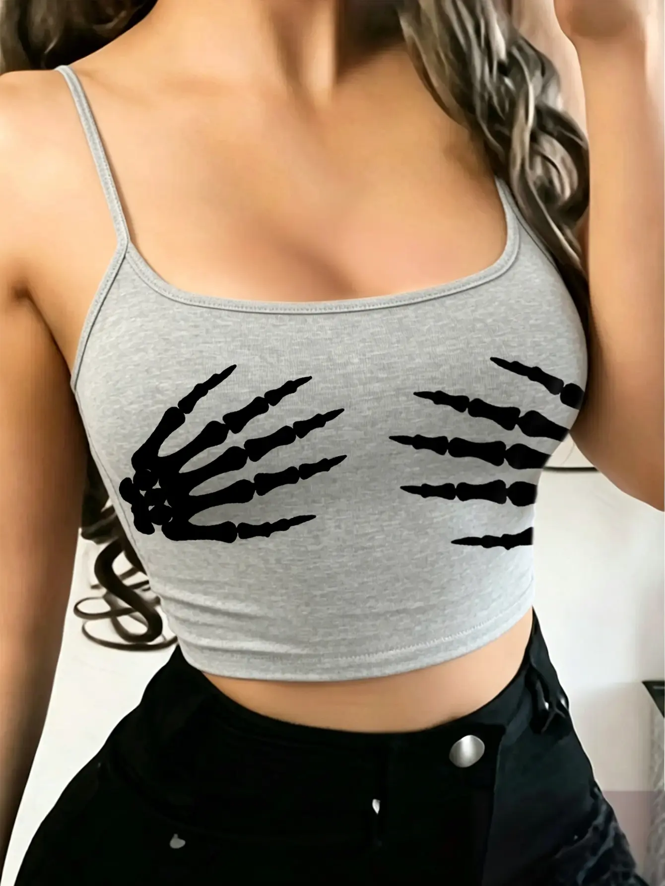 Skeleton Hand Graphic Crop Top for Women, Stretchy Basic Cami with Square Neckline, Edgy Streetwear Sleeveless Tank, Jeans, Pants