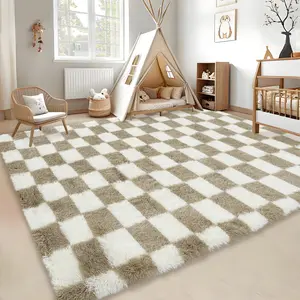 Runner Rug for Hallyway Non-Slip Ultra Soft Checkered Fluffy Rugs for  Room Shag Plush Rug for Teen Room Decor Bedroom,Brown