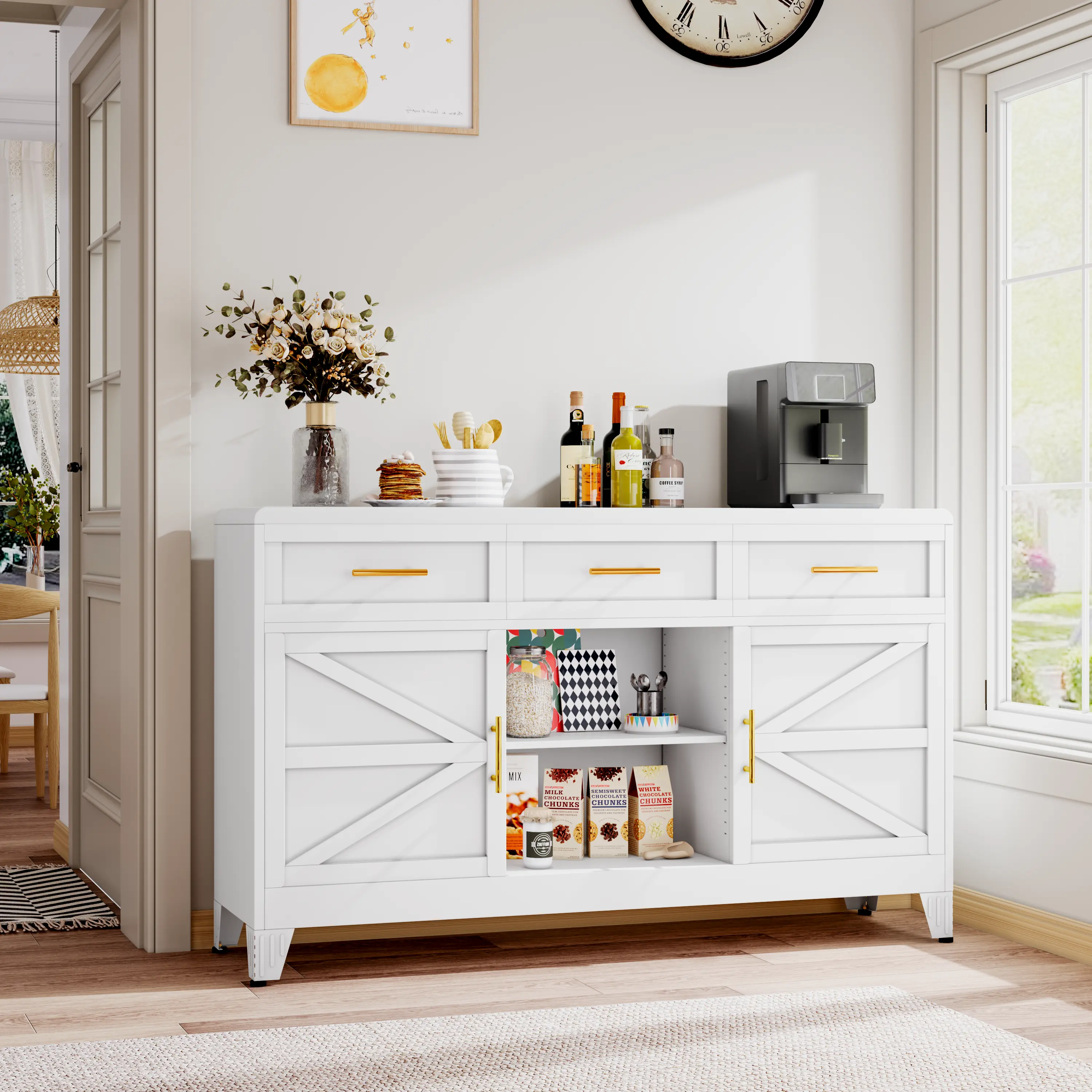 EROSOEI 59-in Sturdy Farmhouse Sideboard Buffet Cabinet with Metal Frame, 3 Drawers, Hinged Doors, Adjustable Shelf & Built-in Hanging Rod for Dining Room, Industrial Home Decor