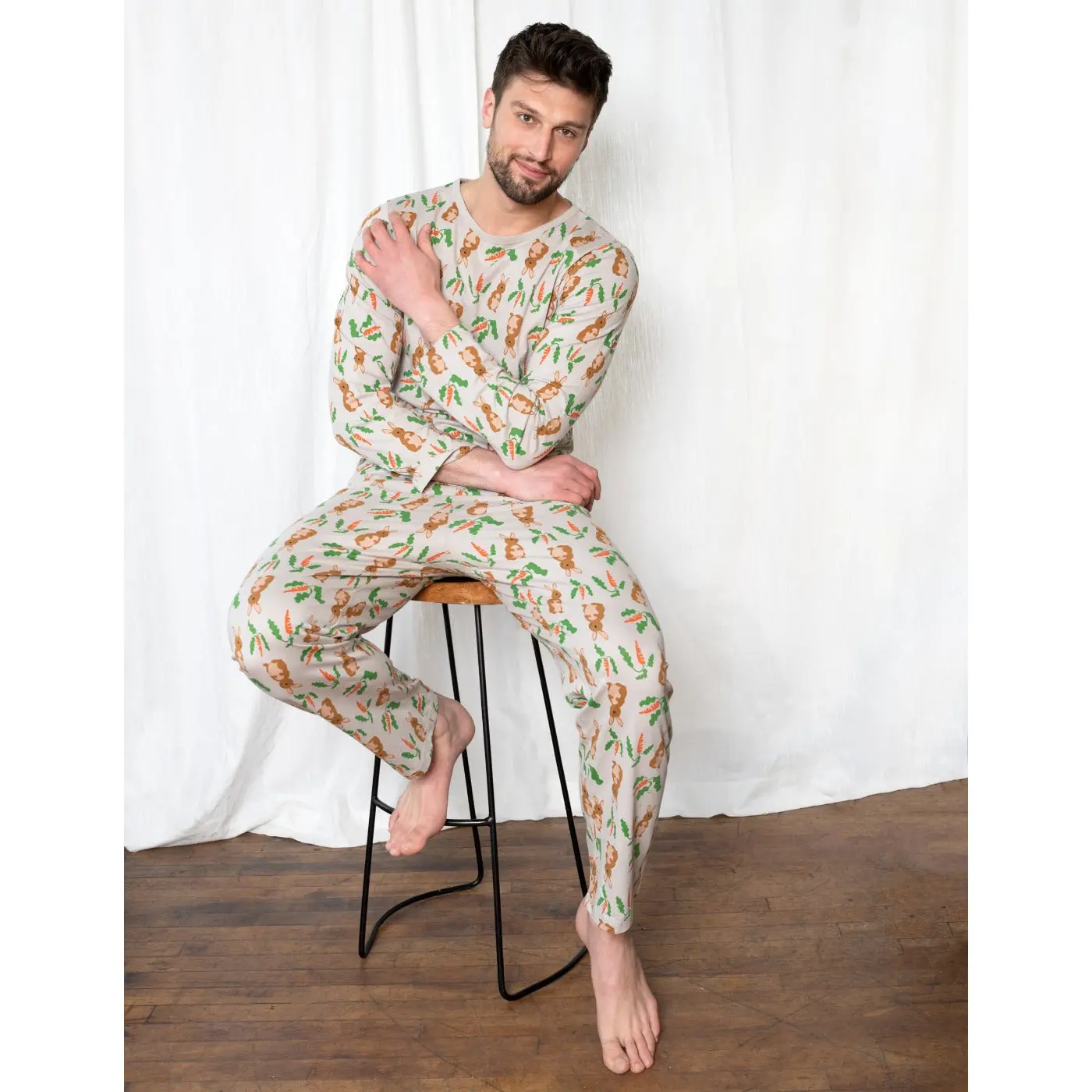 Mens 2pc Cotton Loose Fit Beige Bunny Rabbit Easter Pajamas