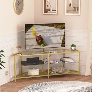 HOOBRO Corner TV Stand with Power Outlet for TVs up to 60", Modern 55" TV Console Table with Open Shelves, Tempered Glass Media Entertainment Center for Living Room, Bedroom, Gold Sturdy Metal Frame#SpringSale #BigSpringSale