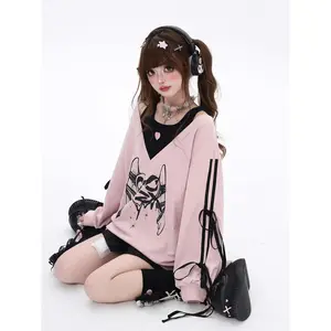Women Sweet Hot Girl Cut Out Patchwork Fake Two Piece Sweatshirt Autumn Preppy Style Y2k Harajuku Fashion Off Shoulder Tops New