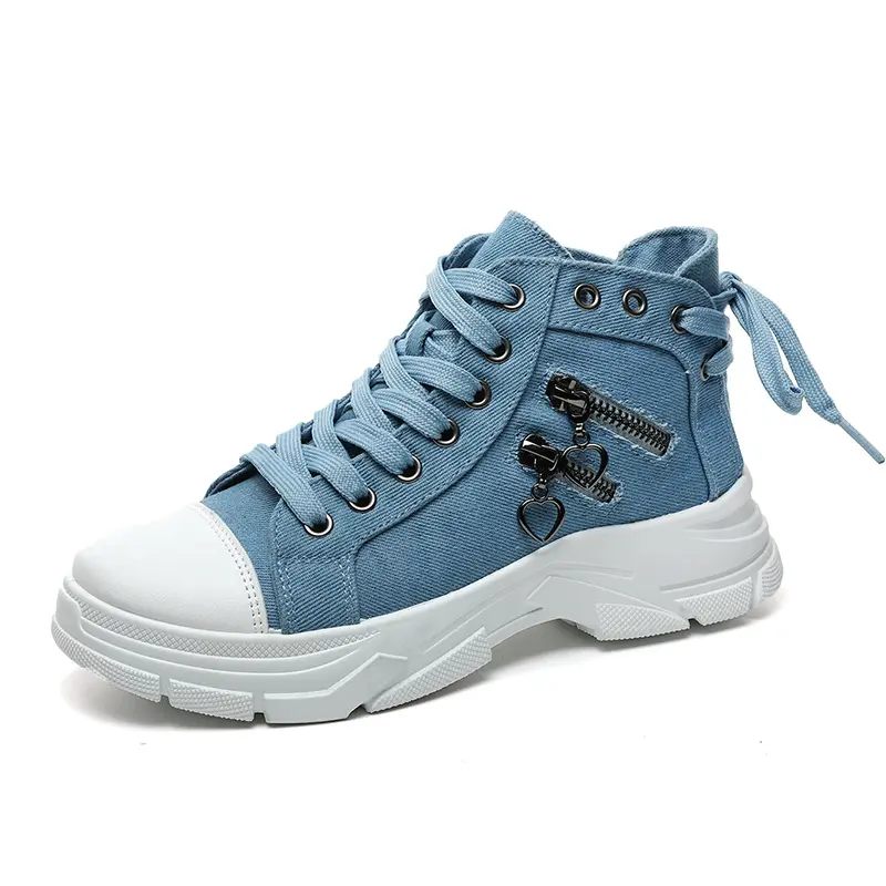 Women's Casual High-Top Canvas Trainers - Closed Hidden Wedge Sports Walking Shoes, Trendy Streetwear Lace-Up, Comfortable Rubber Sole Flat Footwear
