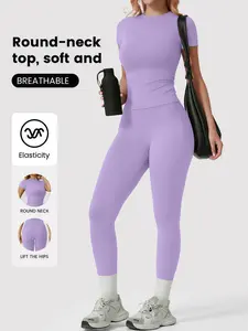 Women's 2 Piece Lavender Purple Yoga Set, Round Neck Short Sleeve Top & High Waist Leggings, Tummy Control Butt Lifting Workout Outfit, Breathable Quick Dry Activewear Workout Sets