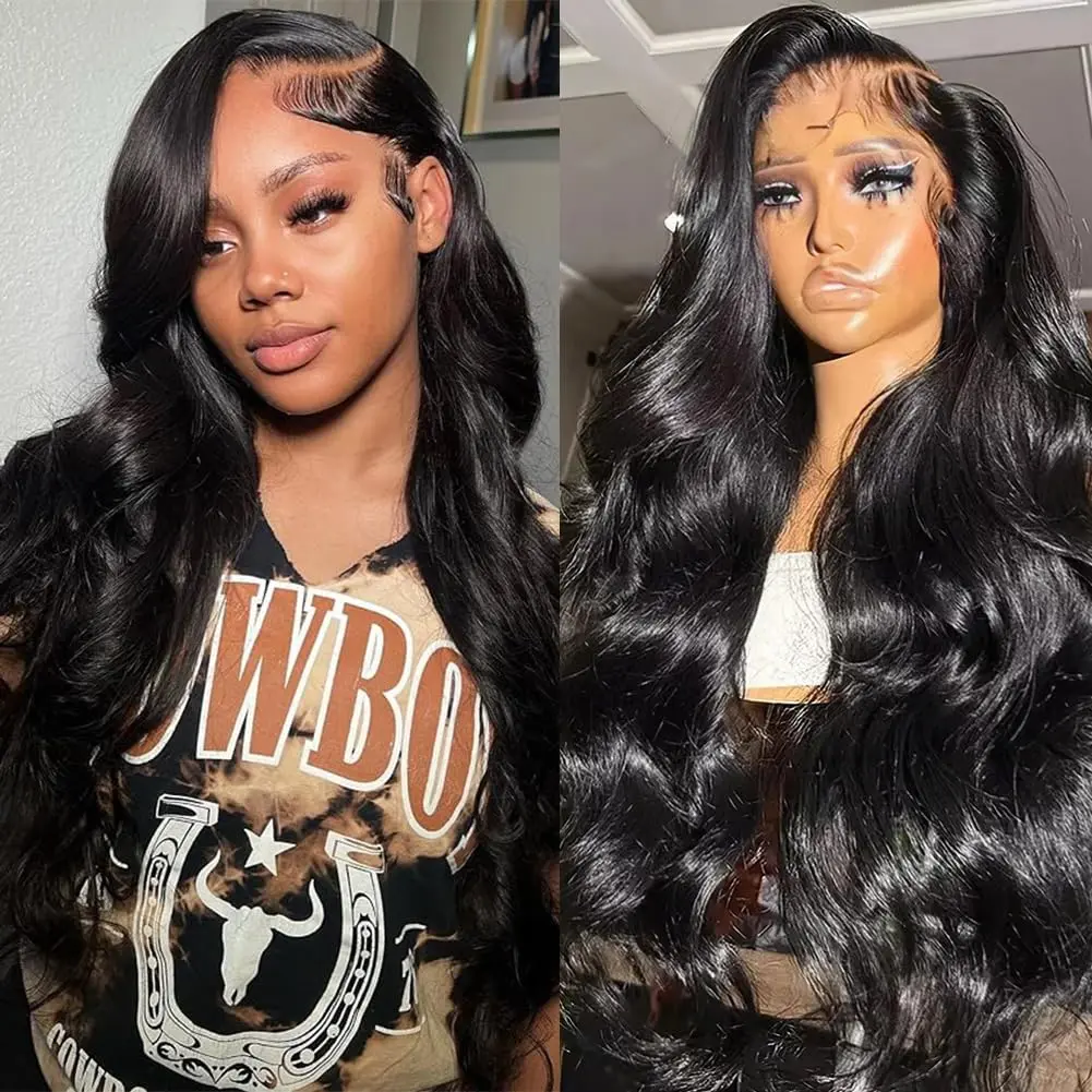 13X6 Body Wave Transparent Lace Front Human Hair Wigs for Women 30 36 Inch Black 180% Density Pre‑Plucked Lace Frontal Wig 100% Raw Natural Black Virgin Human Hair With Baby Hair Hd Skin Melt Lace