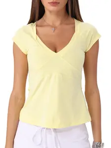 Danysu Tie Back Snatching Tops Padded Sexy VNeck TShirt Cotton Cute Going Out Tee Summer Streetwear Minimalist Thick Stretchy
