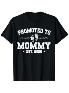 Women's "Promotion to Mom.2025" pregnancy announcement t-shirt-fun new mom gift, baby shower costume, soft breathable t-shirt with footprint and heartbeat pattern, regular fit short-sleeved crew-neck casual top for pregnant women