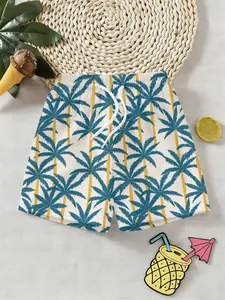 Boys' Cartoon Palm Tree Pattern Shorts, Elastic Waist Knee-Length Casual Wear, Perfect Birthday & Festival Gift for Kids