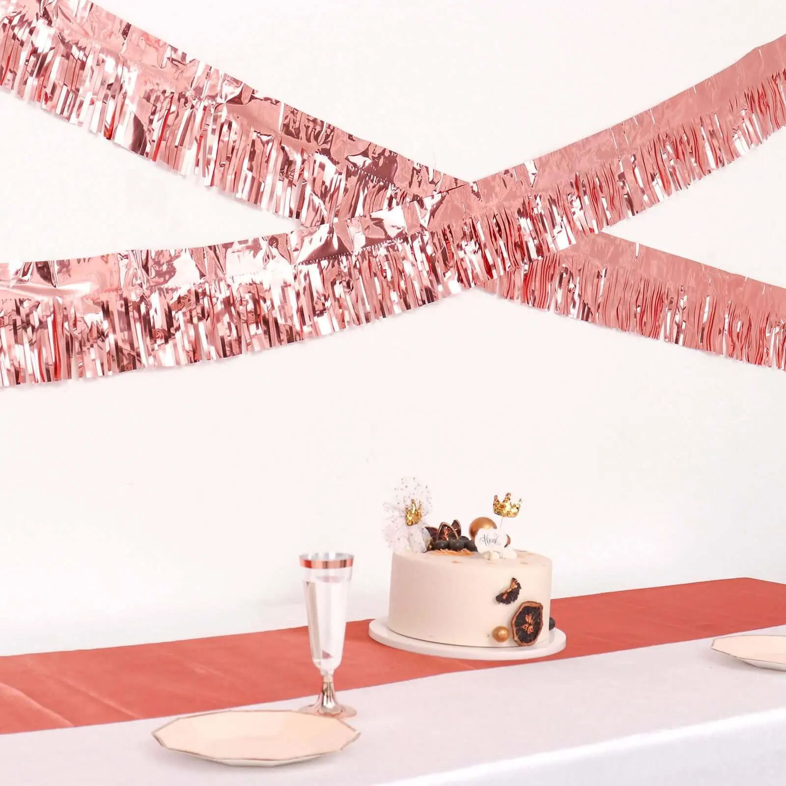Metallic Rose Gold Foil Tassel Fringe Backdrop Banner, Tinsel Garland Decor 16ft