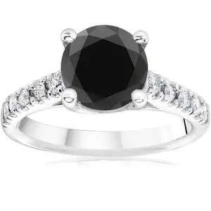 3 1/4 ct 14K White Gold Round Black Diamond Engagement Ring