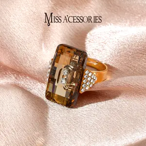 Champagne Crystal Rectangle Ring | Sparkly CZ Accent Gold Tone Adjustable Band | Viral Big Amber Gem Statement Ring | Y2K Party Wear for Women |  Trendy Oversized Brown Crystal Ring | Rhinestone Encrusted Open Ring