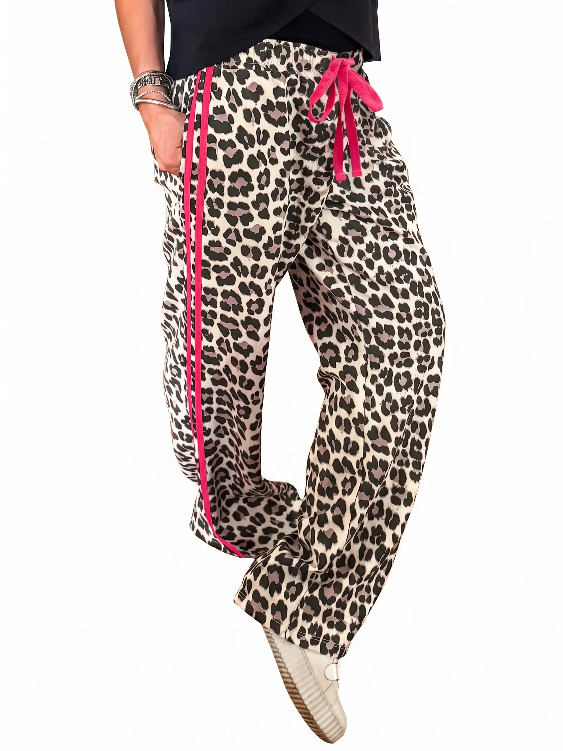 Women's Leopard Print Wide Leg Pants Casual Drawstring Waist Lounge Trousers with Side Pockets & Contrast Stripe