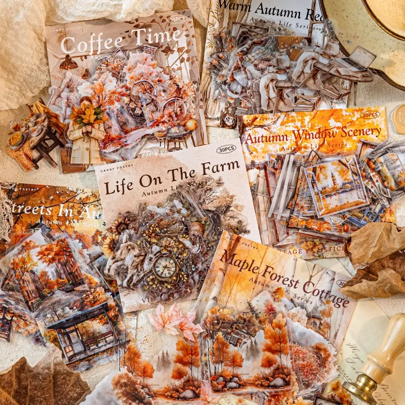 30pcs Autumn Life Series Pet Stickers Pack, Sticker Set, Collage Pack, DIY Decoration for Scrapbooking & Journals, Perfect for Seasonal Themed Crafts, Scrapbook Page, Scrapbook Materials