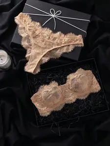 Women's Plain Elegant Lace Lingerie Underwear Set with Removable Transparent Straps, Medium Support Fitted Bra, All Seasons Comfortable Innerwear