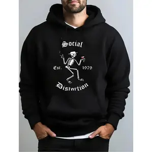 Chic Cotton Hooded Sweatshirt Showcasing Unique Social Art Distortion Print in Comfortable Black Design