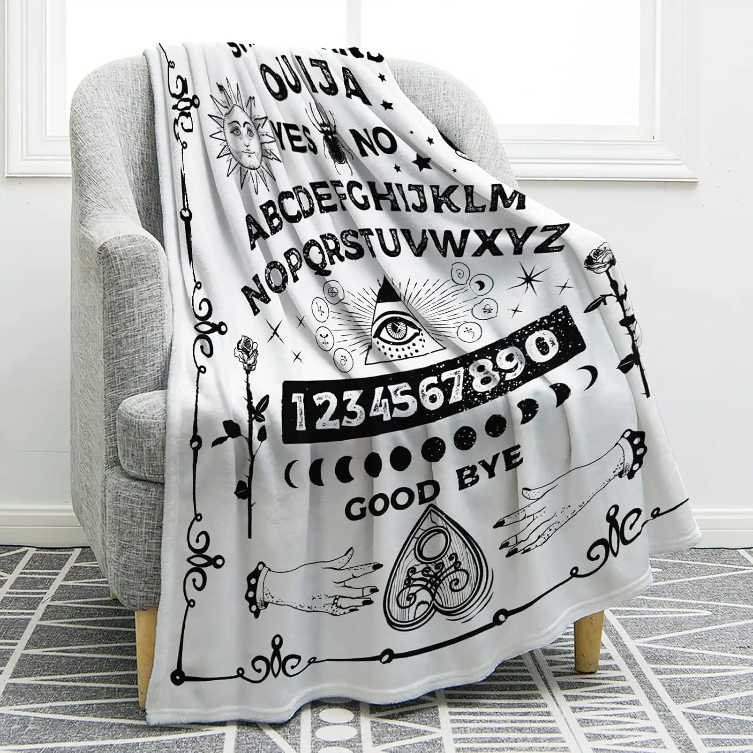 JOOCAR Gothic Print Ouija Board Flannel Throw Blanket - Soft Lightweight, Cozy, Wrinkle Resistant Occult Theme Blanket for Home Bedroom Witch Decor, Ideal Gift for Parents, Soft Lightweight Blanket, Lightweight Cozy Blanket