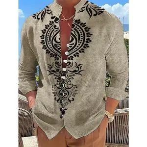 Men'S Casual 3D Print Mandarin Collar Shirt, Ethnic Totem Pattern, Polyester 100%, All-Season, Regular Fit, Button Detail, Woven Fabric, 120gsm - Perfect for Halloween, Thanksgiving, Christmas, New Year'S Parties