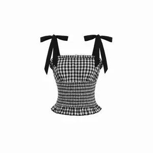 Cider Cotton Gingham Square Neck Bowknot Shirred Ruffle Hem Cami Top