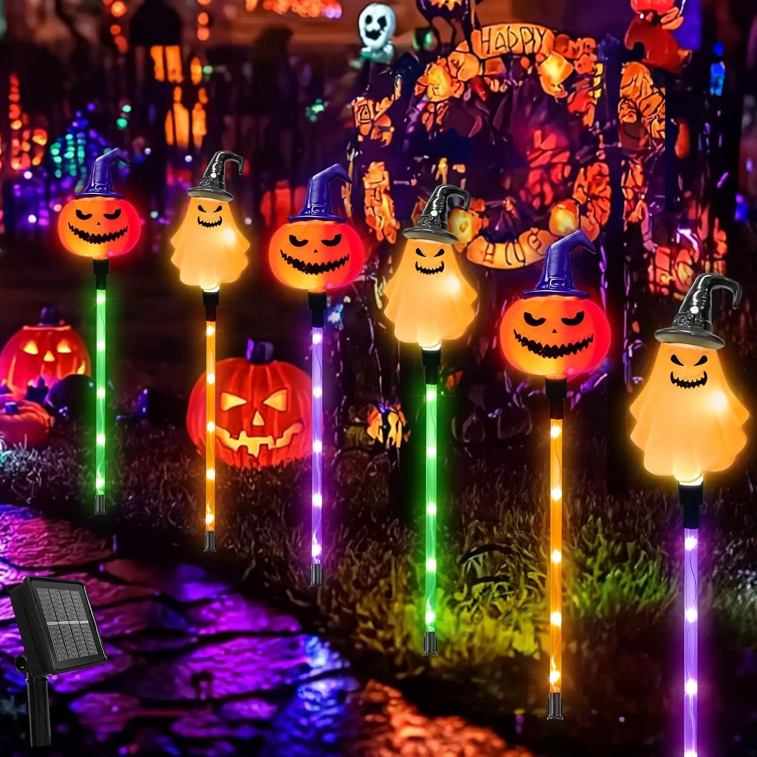 6 Pack 8 Modes Halloween Decor Outdoor Solar Stake Lights for Party Decor | Pumpkin Ghost Witches Hats Lantern Garden Waterproof Solar Halloween Lights for Outdoor Yard Pathway Grave Lawn Porch Decor