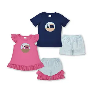 Kids Summer Matching Clothes Beach Wear Embroidery Kids Summer Shorts Set