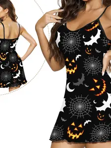 Halloween Bat Ghost Sexy Strap Dress, Summer Loose Fit Pajamas, Fashionable Home Wear, Comfortable Elastic Polyester Sleeveless Nightgown