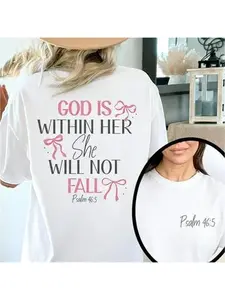 God Is Within Her She Will Not Fall Psalm 46:5 Cotton T-Shirt, Double Sided Christian Faith Graphic Tee, Casual Inspirational Religious Shirt for Women, Bow Print
