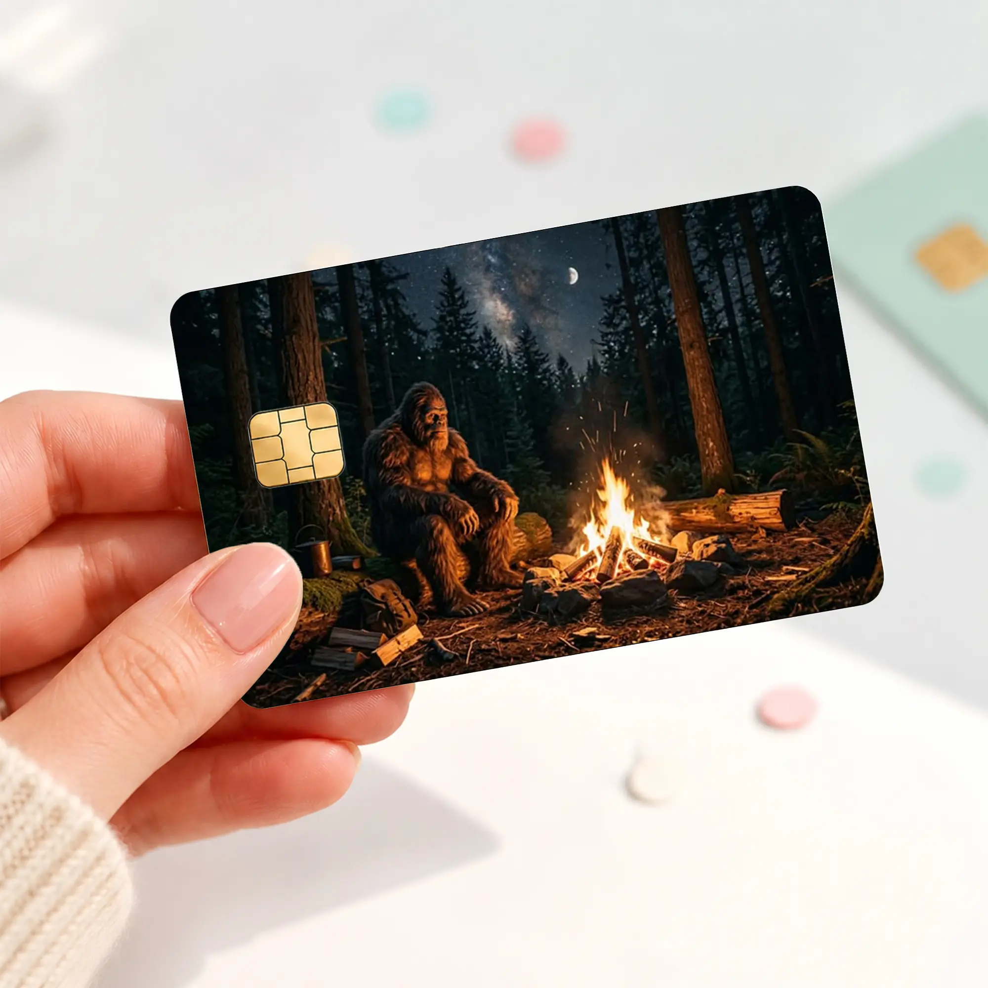 Bigfoot Campfire Credit Card Skin, Sasquatch Camping Debit Card Sticker, Night Forest Bank Card Cover, Outdoor Wilderness Chip Card Decal, Cryptid Lover Gift