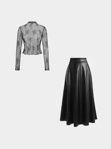2 Piece Set Lace Sheer Long Sleeve Top and Casual Solid Color PU Flared Midi Skirt, Womenswear Fitted All Seasons for Women Clothes