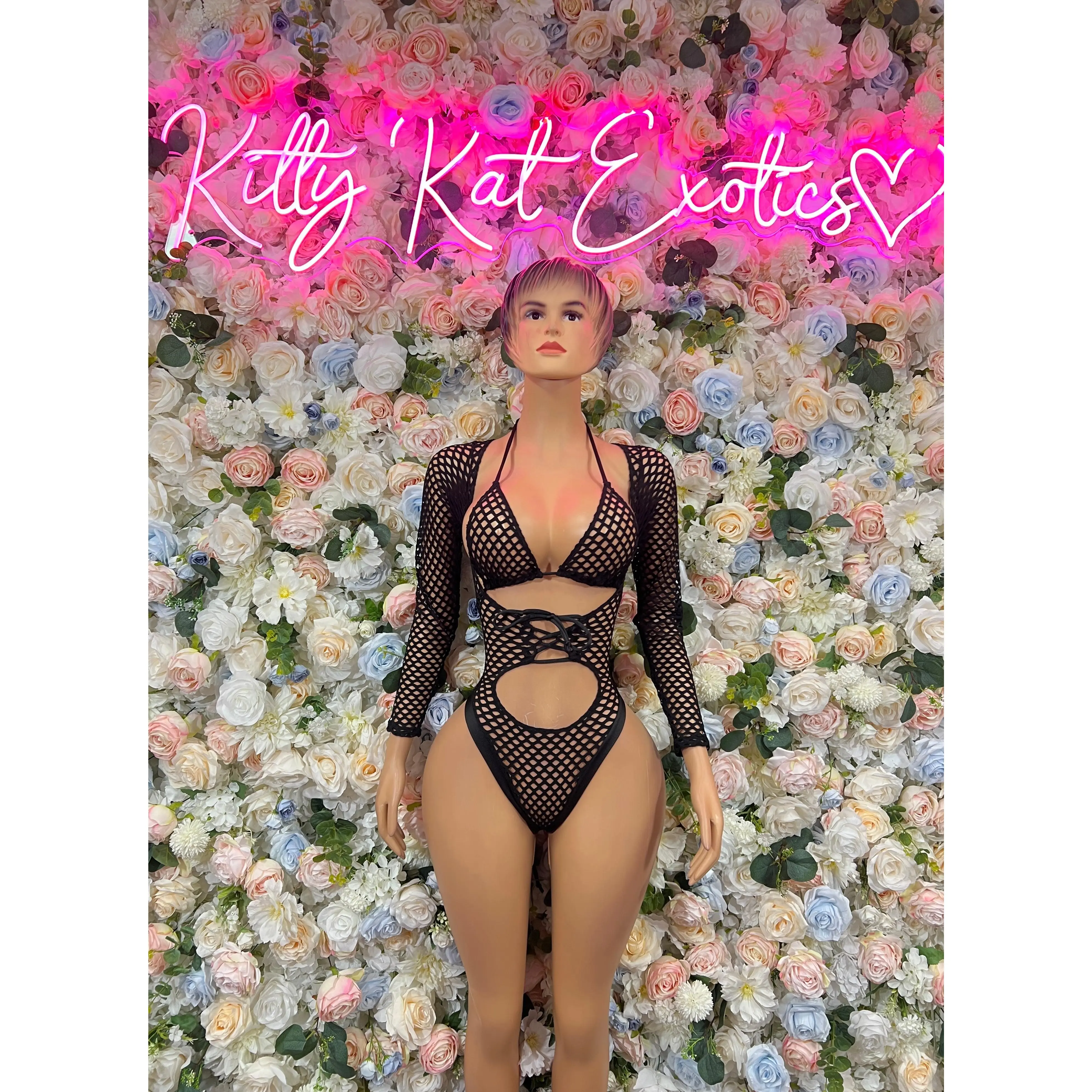 Bottlegirl Black Fishnet Bodysuit  - One Piece Bartender Outfit, EDM Dancewear, Party Clubwear