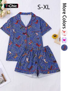 Women's All Over Print Pajama Two-piece Set, Casual Comfy Short Sleeve Top & Shorts PJ Set, Ladies Summer Sleepwear, Loungewear, Womenswear, Lounge Sets, Pyjamas